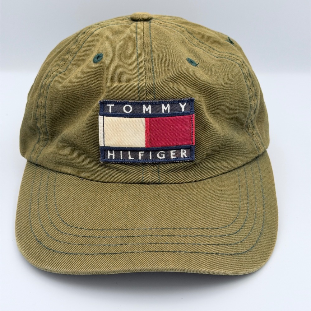VTG Tommy Hilfiger Flag Patch Leather Strapback Adjustable Hat Faded Olive Green
